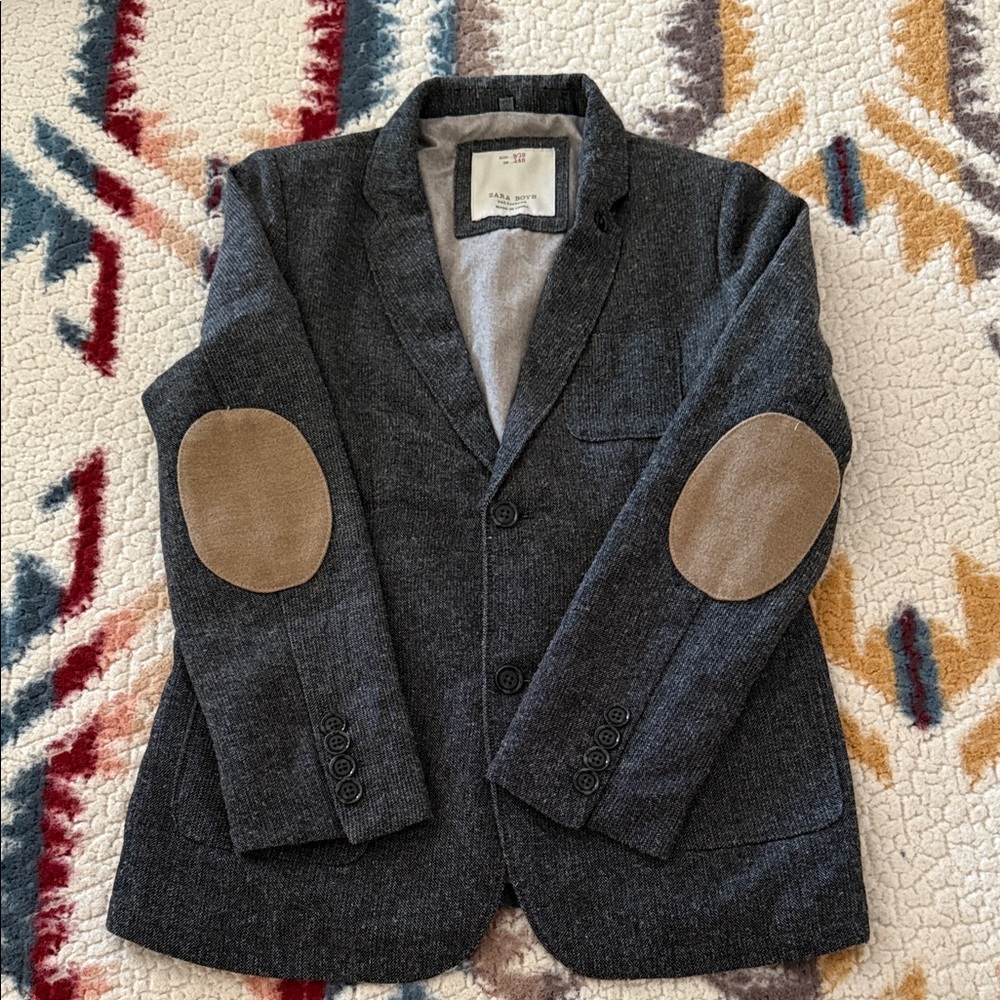 Boys Zara  Gray wool Blazer with Tan Elbow Patches Sz 9/10